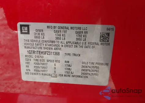 2015 GMC Sierra 1500 from USA, damaged, VIN 1GTR1TEH9FZ311368